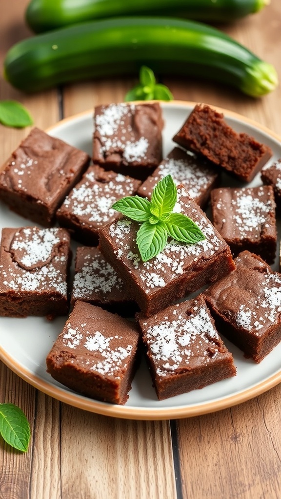 Simple 4-Ingredient Zucchini Brownies Recipe Fudgy zucchini brownies on a plate, dusted with powdered sugar, with fresh mint and zucchini in the background.